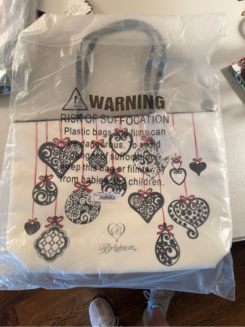 Brighton Cream Tote with Black and Red Ornament Print